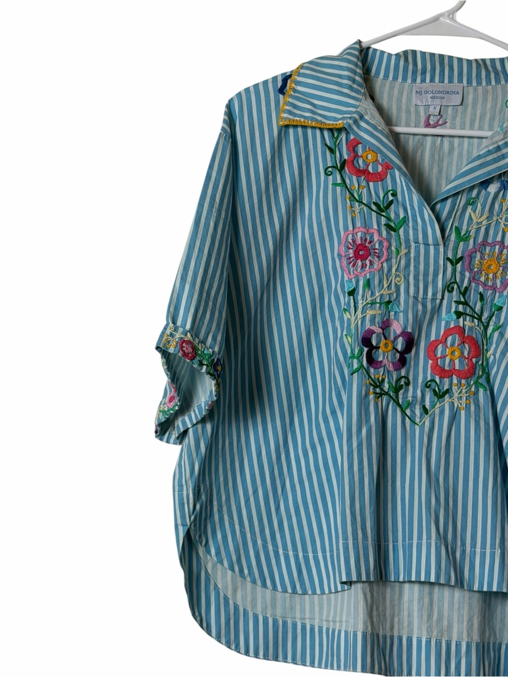 Mi Golondrina Blue White Stripe Embroidered Floral Tunic Top Small Boho - Picture 4 of 6